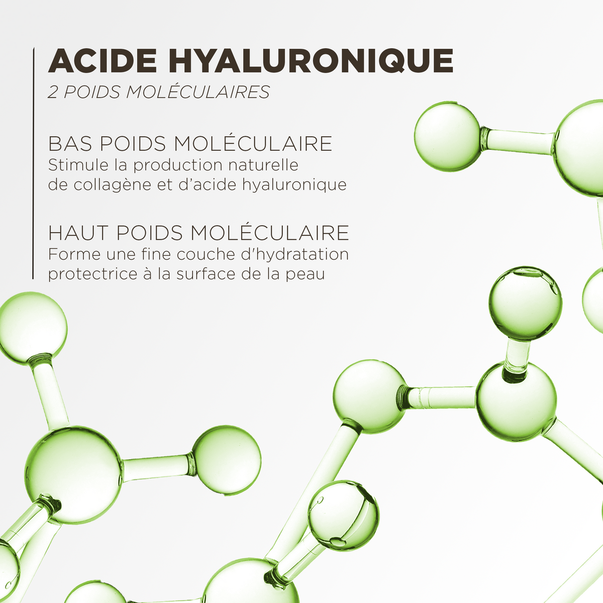 Acide hyaluronique à deux poids moléculaires : le bas poids stimule collagène et acide hyaluronique, le haut poids forme une couche d'hydratation protectrice