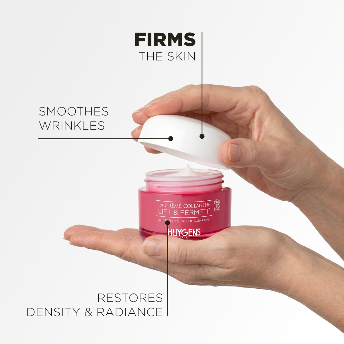 Hand holding the open jar: the cream firms, smooths wrinkles and restores density and radiance