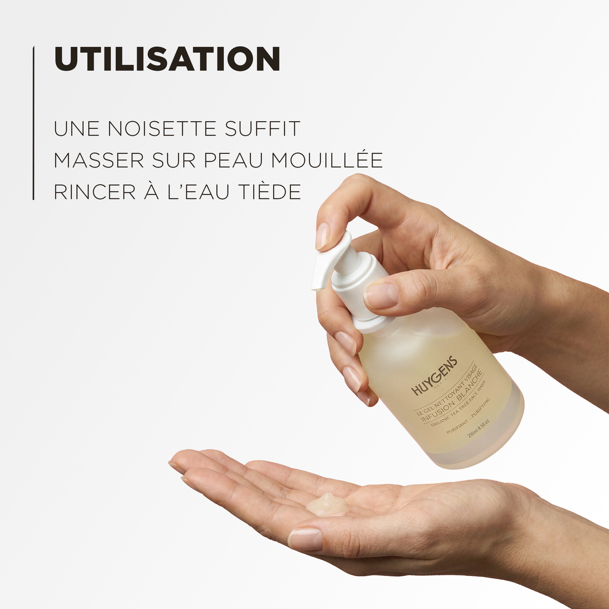 Utilisation : une noisette suffit, masser sur peau mouillée et rincer à l'eau tiède