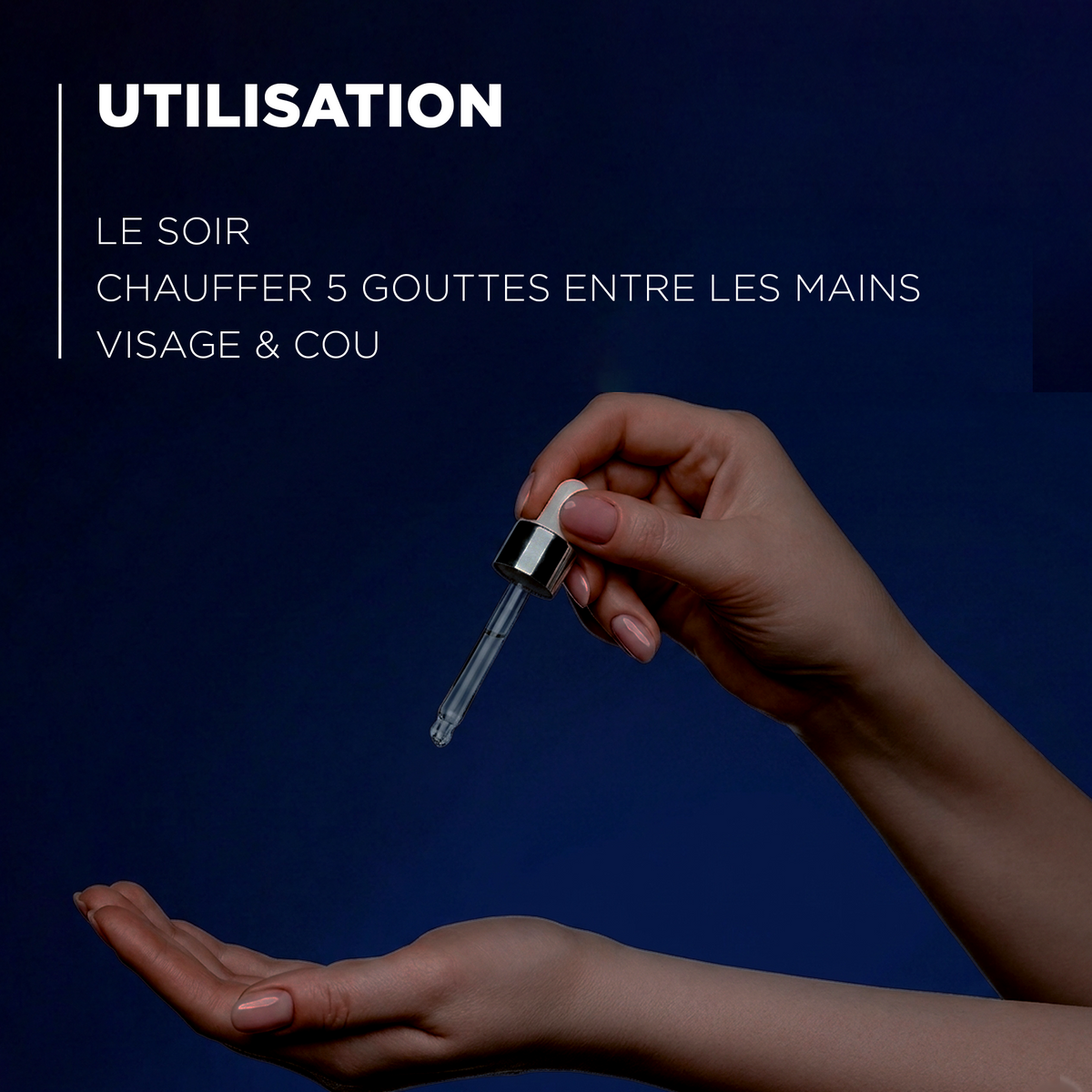 Utilisation : le soir, chauffer 5 gouttes entre les mains, sur le visage et le cou