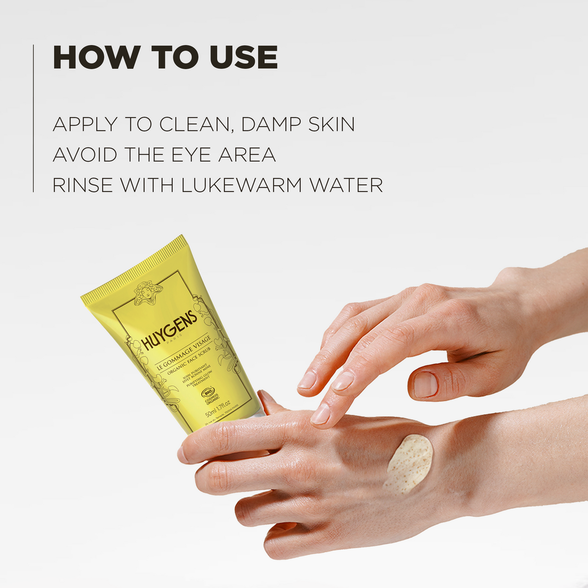 How to use: apply to clean, damp skin, avoid the eye area, rinse with lukewarm water