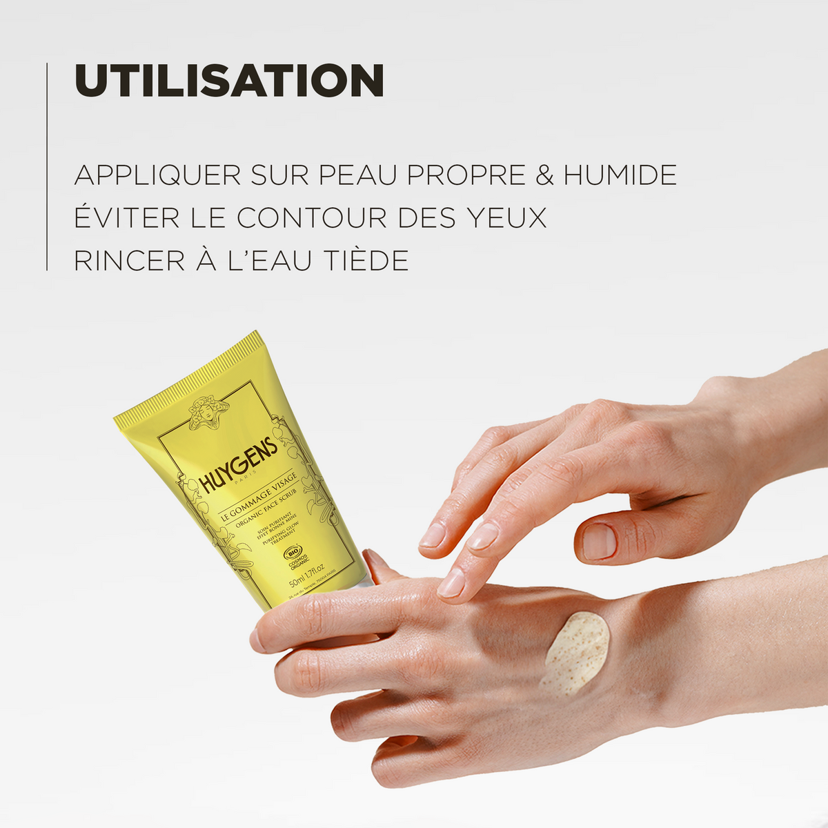 Utilisation : appliquer sur peau propre et humide, éviter le contour des yeux, rincer à l'eau tiède