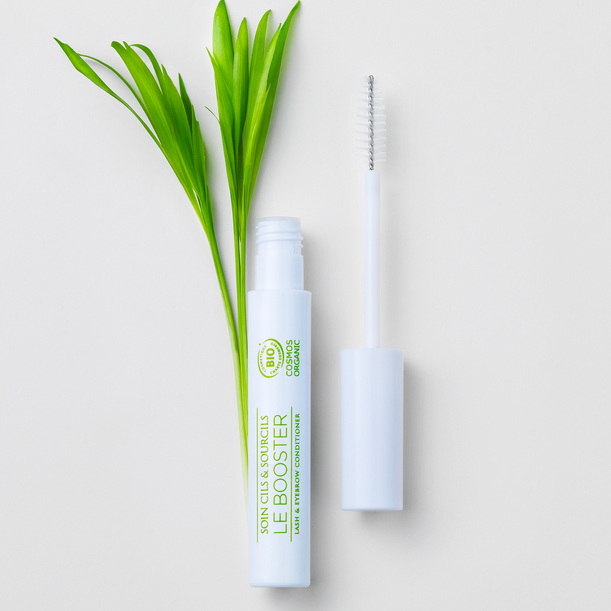 Tube du Booster ouvert, sa brosse à côté, posé près de feuilles vertes