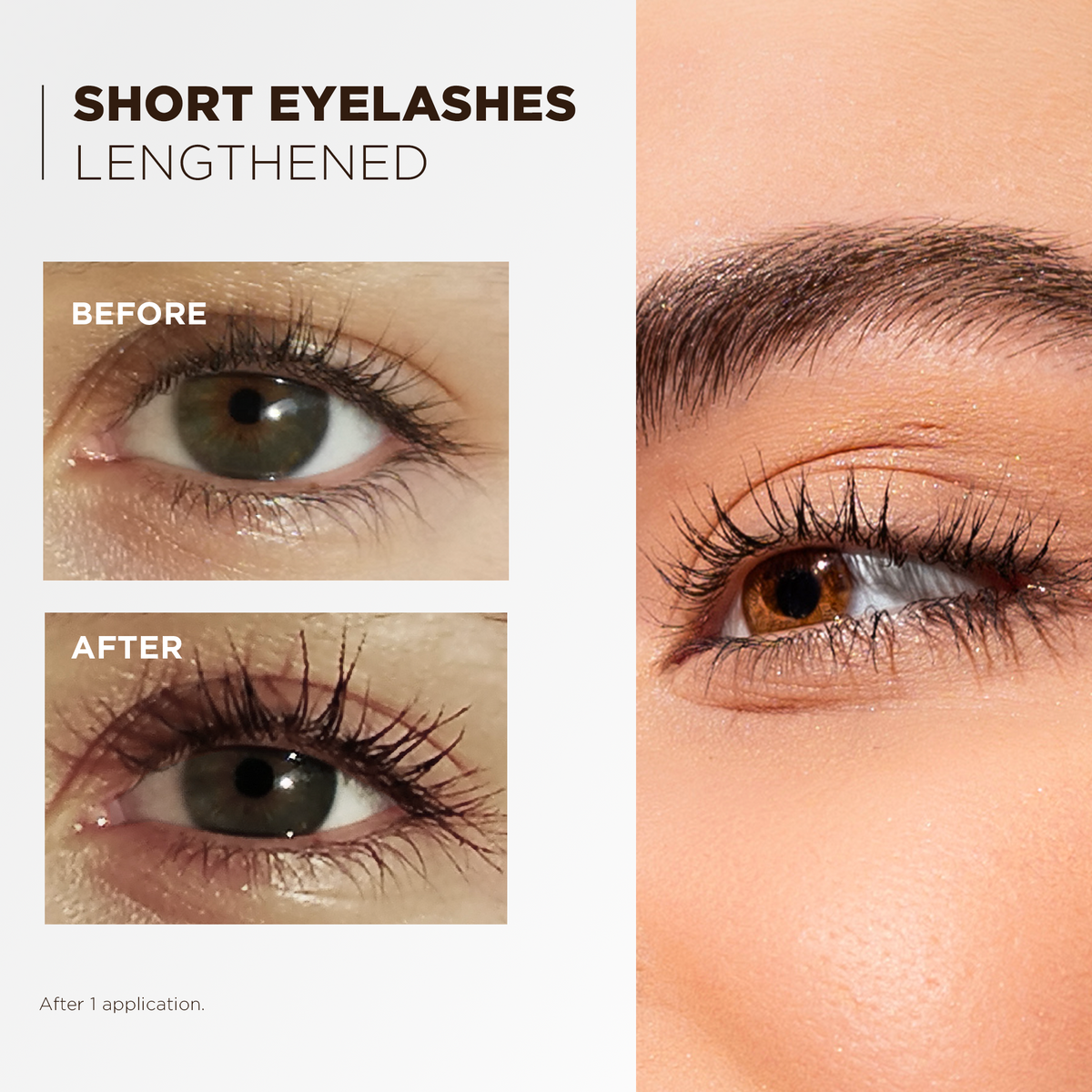 Before and after: short lashes lengthened after a single application