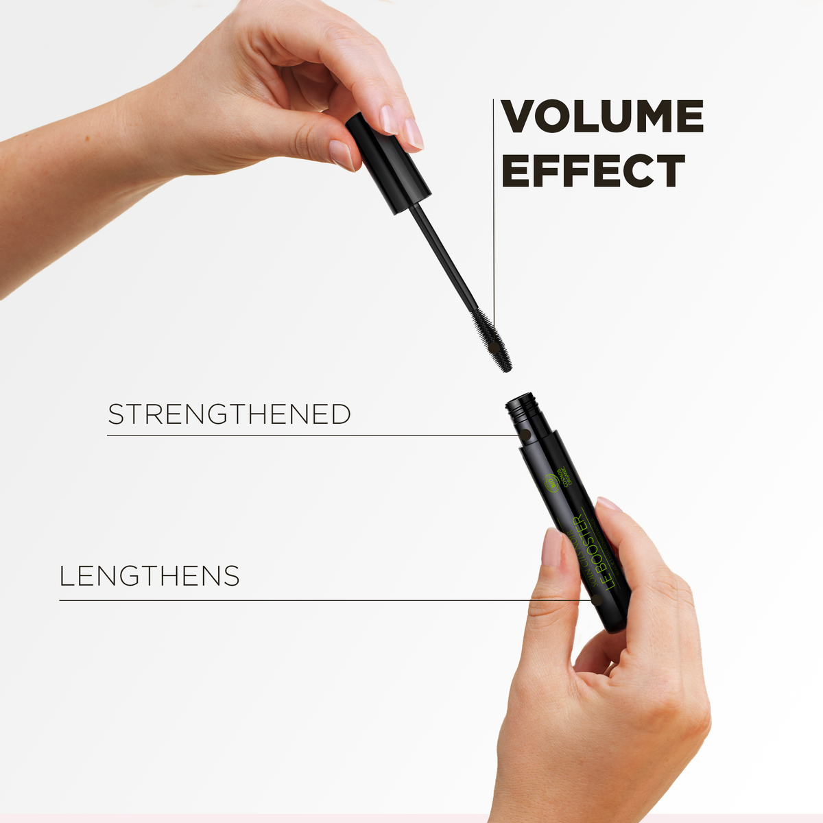 Hand holding the black tube: volumising effect, it strengthens and lengthens lashes